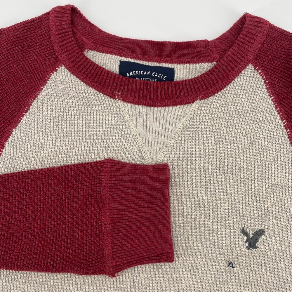 American Eagle Men's XL Waffle Knit Raglan Sweater Burgundy Oatmeal Cotton 1977